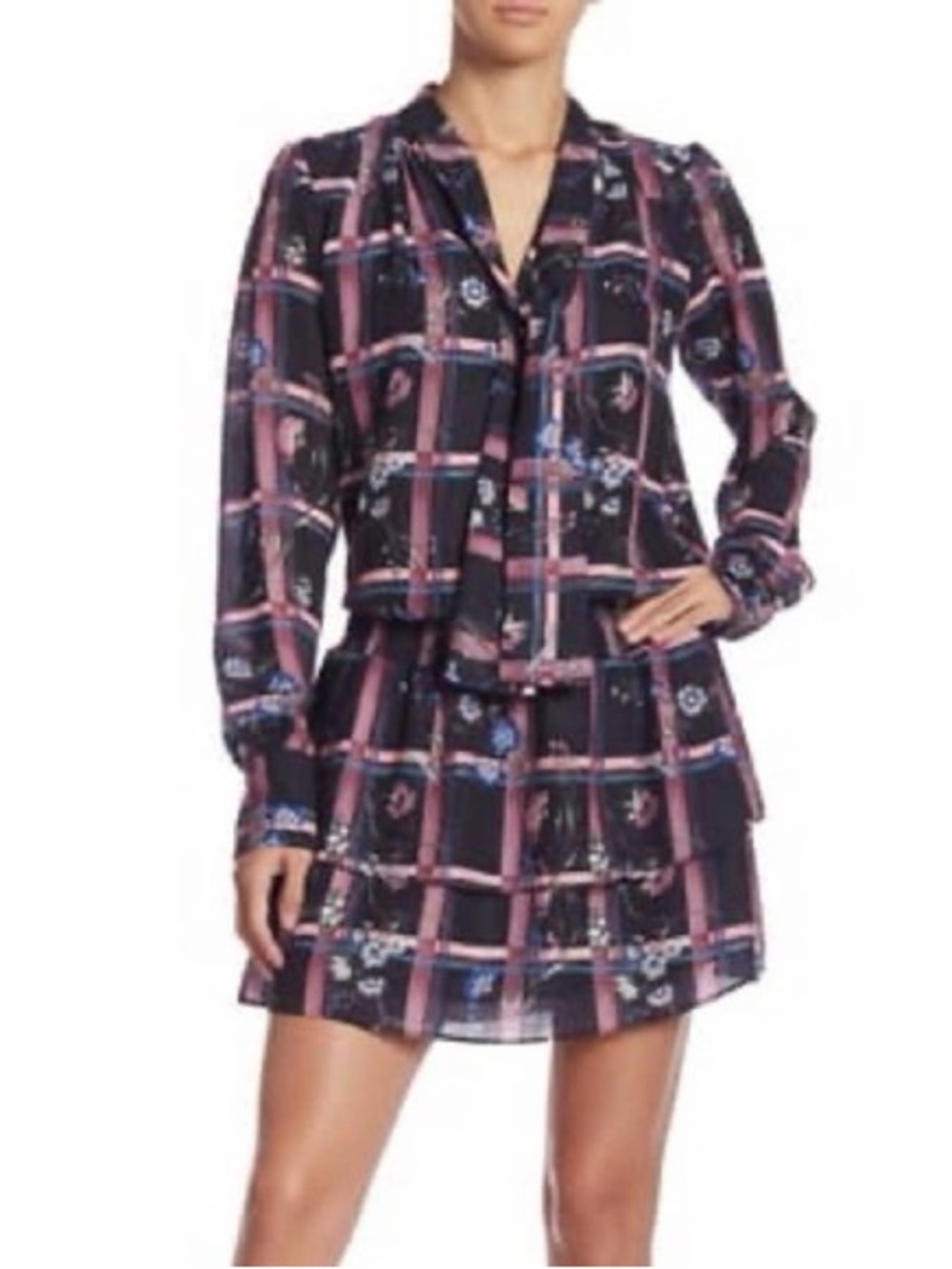 Parker Long Sleeved Neck Tie Blouson Mini Dress Size XS